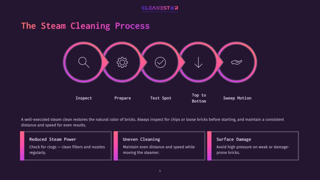 Infographic Detailing The Steam Cleaning Process With Five Steps: Inspect, Prepare, Test Spot, Top To Bottom, And Sweep Motion, Illustrated With Icons In Vibrant Purple Circles. Below, Three Key Considerations Are Highlighted: Reduced Steam Power, Uneven Cleaning, And Surface Damage.