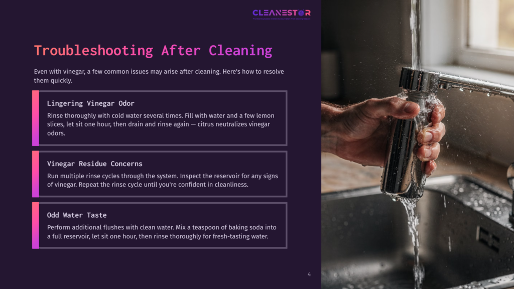 A Hand Rinses A Glass Coffee Carafe Under A Running Kitchen Faucet, With Text Overlay From A &Quot;Troubleshooting After Cleaning&Quot; Guide.
