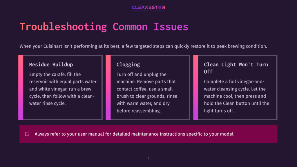 4 Troubleshooting Common Issues 1 Troubleshooting Common Cuisinart Coffee Maker Issues: Residue Buildup, Clogging, And Clean Light Won'T Turn Off. Includes Troubleshooting Steps For Each Problem.