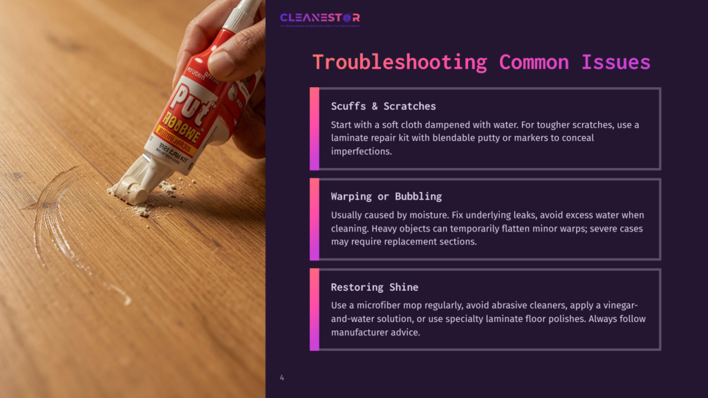 4 Troubleshooting Common Issues A Close-Up Of A Hand Holding A Tube Of &Quot;Putty&Quot; Wood Filler Being Applied To A Scratched Wooden Floor, With A Repair Kit Beside It. Troubleshooting Common Issues For Laminate Flooring.