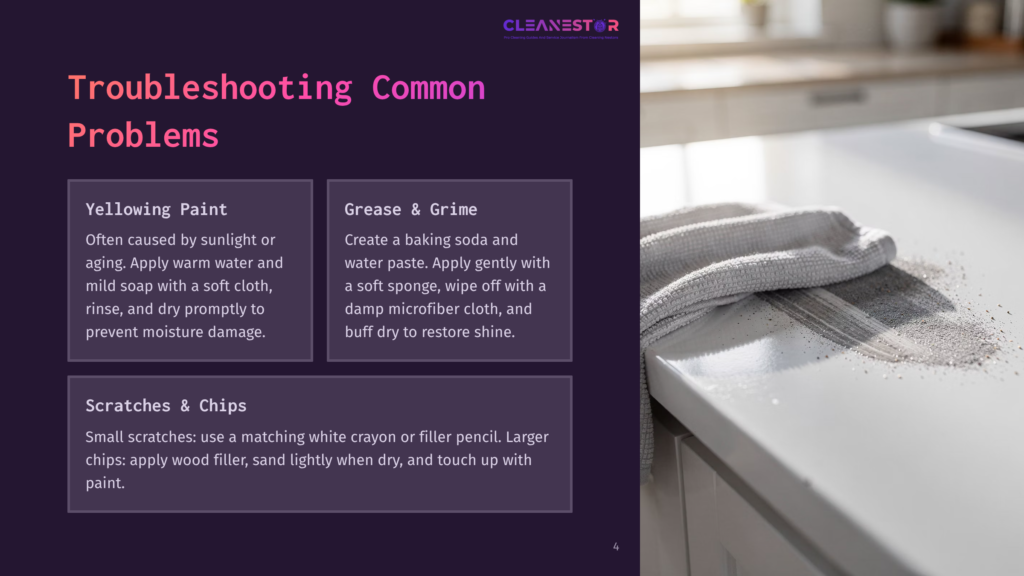A White Countertop Is Shown With A Gray Microfiber Cloth And Scattered Gray Particles, With Text Overlays Detailing Common Countertop Cleaning Problems Like Yellowing Paint, Grease &Amp; Grime, And Scratches &Amp; Chips.