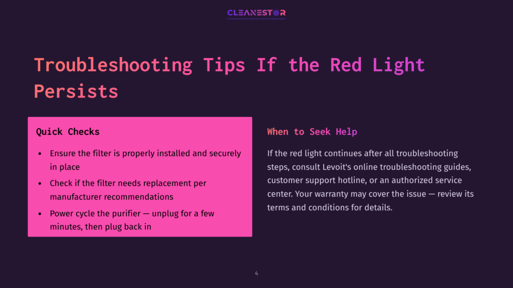 Text-Heavy Graphic Featuring Troubleshooting Tips For A Levoit Air Purifier. The Background Is Split With Pink Left And Dark Purple Right.