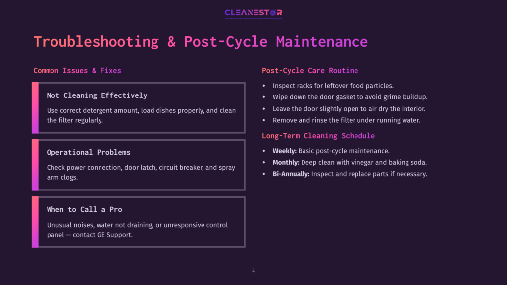 4 Troubleshooting And Post Cycle Maintenance Troubleshooting &Amp; Post-Cycle Maintenance Guide For Cleanestor Dishwashers, Detailing Common Issues Like Not Cleaning Effectively And Operational Problems, Plus Post-Cycle Care And Cleaning Schedules.