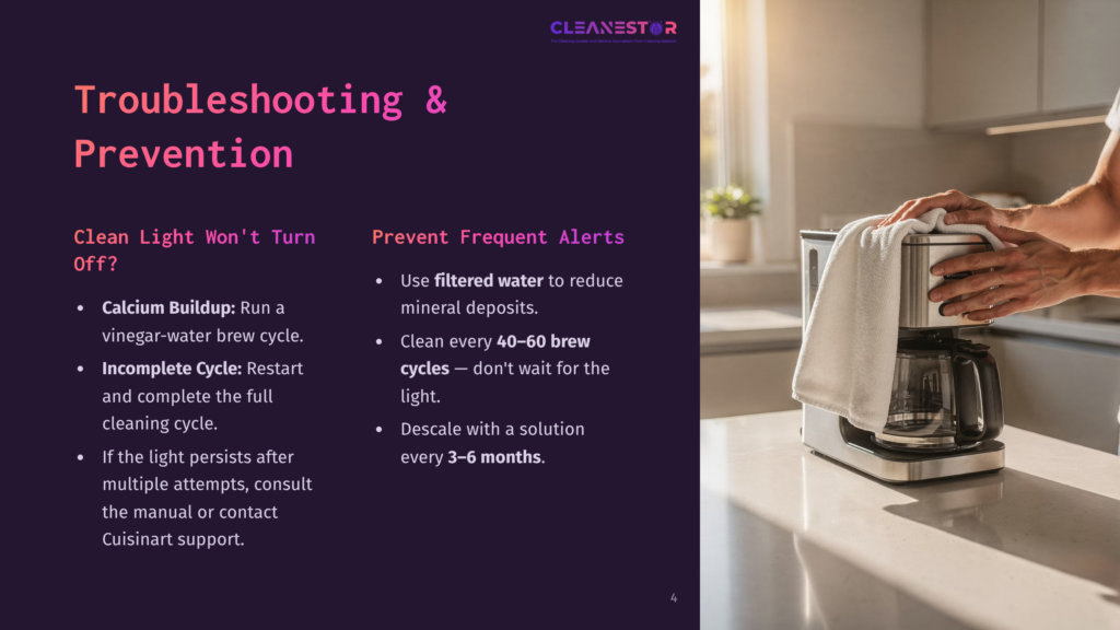 4 Troubleshooting And Prevention A Person'S Hands Are Shown Wiping Down A Coffee Maker With A White Towel. The Coffee Maker Is On A Countertop, And The Image Is Part Of A Presentation About Troubleshooting And Preventing Coffee Maker Issues.