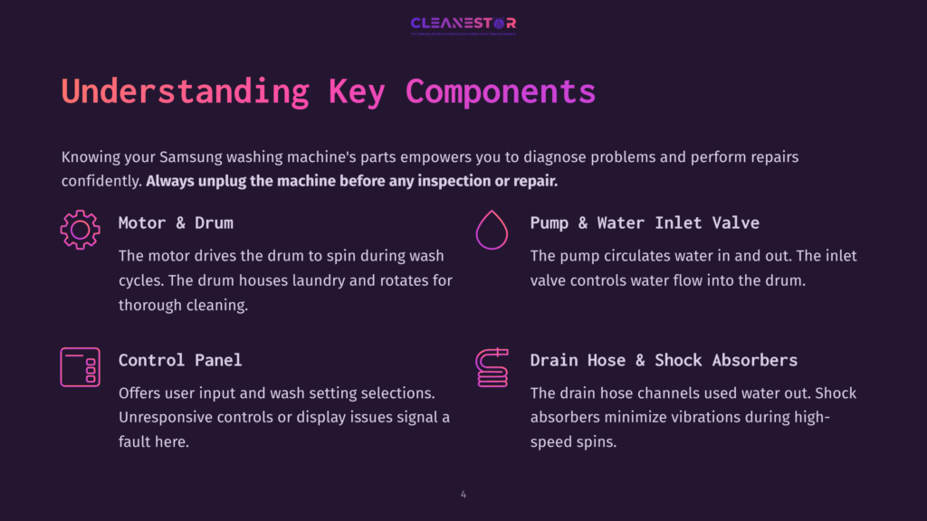 Diagram Illustrating Key Components Of A Samsung Washing Machine, Highlighting The Drum, Pump, Water Inlet Valve, Control Panel, And Drain Hose With Clear Labels.