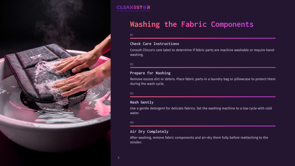 A Hand Submerged In Soapy Water, Washing A Dark Fabric Stroller Component On A Light-Colored Surface, With Clear Care Instructions Beside It.