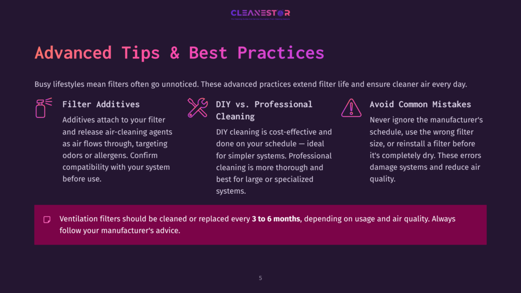 Dark Purple Background With The Cleanestor Logo And &Quot;Advanced Tips &Amp; Best Practices&Quot; Title. Sections Detail &Quot;Filter Additives,&Quot; &Quot;Diy Vs. Professional Cleaning,&Quot; And &Quot;Avoid Common Mistakes,&Quot; With A Bullet Point About Filter Replacement.
