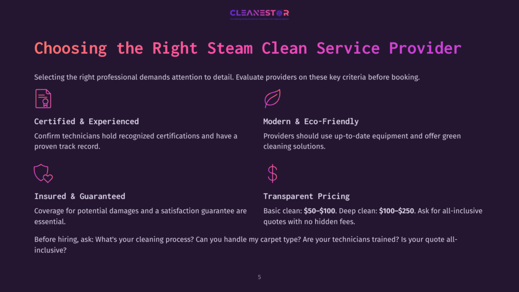 5 Choosing The Right Steam Clean Service Provider Choosing The Right Steam Clean Service Provider: Certified &Amp; Experienced, Modern &Amp; Eco-Friendly, Insured &Amp; Guaranteed, Transparent Pricing. Text Details Key Criteria For Selecting Professional Steam Cleaning Services.