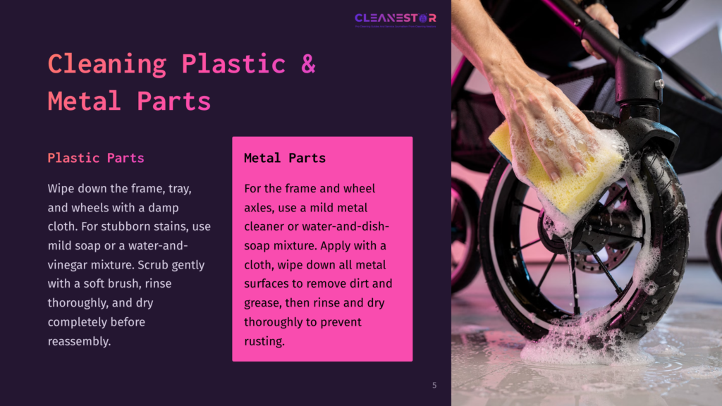 A Person Cleaning A Stroller’s Metal Wheels And Plastic Frame With A Sponge And Soapy Water, On A Tiled Surface.