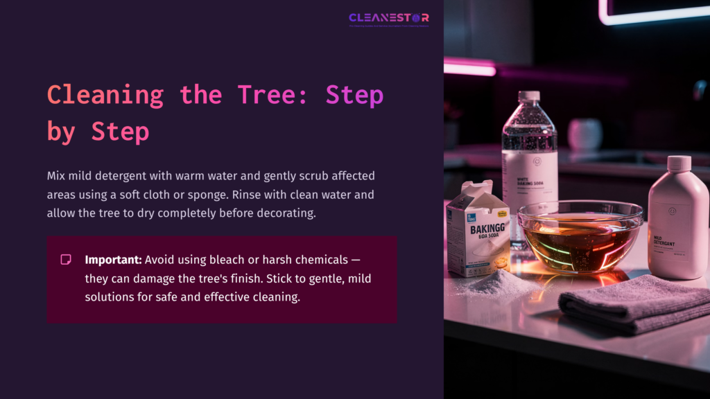 5 Cleaning The Tree Step By Step A Bowl Of Warm Water With Detergent Sits On A Counter, Alongside Cleaning Products And A Sponge, With Purple Lighting In The Background.