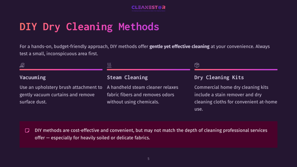A Brochure Slide Outlining Diy Dry Cleaning Methods Featuring Text On Vacuuming, Steam Cleaning, And Dry Cleaning Kits With A Purple And White Color Scheme.