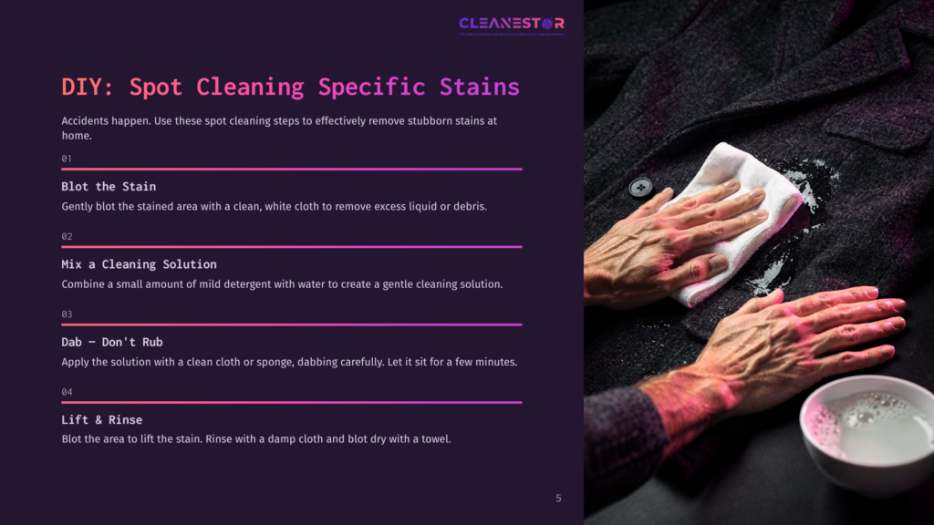 A Hand With Stained Fingers Gently Dabbing A Black Wool Coat With A Cleaning Cloth, Surrounded By Purple And White Text Instructions.