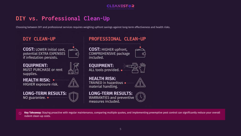 Infographic Comparing Diy Vs. Professional Clean-Up For Pest Control, Highlighting Costs, Equipment, Health Risks, And Long-Term Results. Text Emphasizes &Quot;Diy Clean-Up&Quot; And &Quot;Professional Clean-Up.