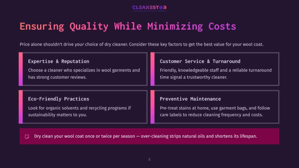 Cleanestor Logo With The Text &Quot;Ensuring Quality While Minimizing Costs&Quot; And Four Boxes Detailing Expertise, Customer Service, Eco-Friendly Practices, And Preventive Maintenance For Wool Coats.