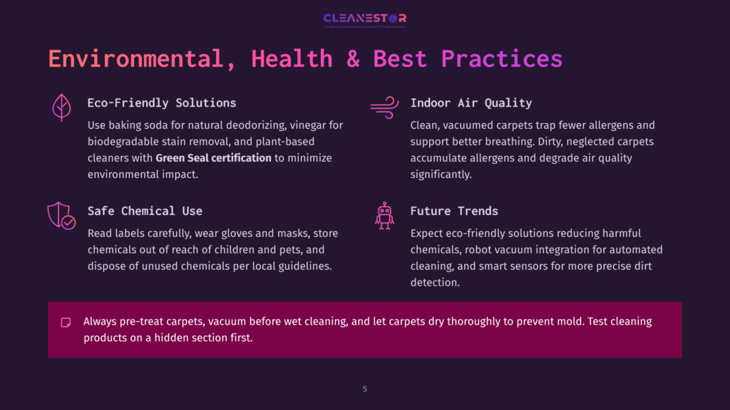 5 Environmental Health And Best Practices 1 Cleanestor Logo Above Text Detailing &Quot;Environmental, Health &Amp; Best Practices&Quot; Including Eco-Friendly Solutions, Indoor Air Quality, Safe Chemical Use, And Future Trends.