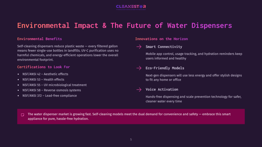 Cleanestor Logo With Text &Quot;Environmental Impact &Amp; The Future Of Water Dispensers&Quot; And Bullet Points On Environmental Benefits, Certifications, And Innovations.