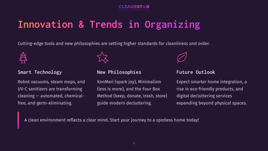 The Image Displays &Quot;Innovation &Amp; Trends In Organizing&Quot; With Sections On Smart Technology, New Philosophies, And Future Outlook. Icons Represent Each Section: A Robot, A Star, And A Leaf.