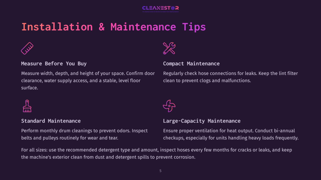 Cleanestor Installation And Maintenance Tips: Measure Width, Depth, And Height Of Your Space; Check Hose Connections For Leaks; Perform Monthly Drum Cleanings; Ensure Proper Ventilation For Heat Output.