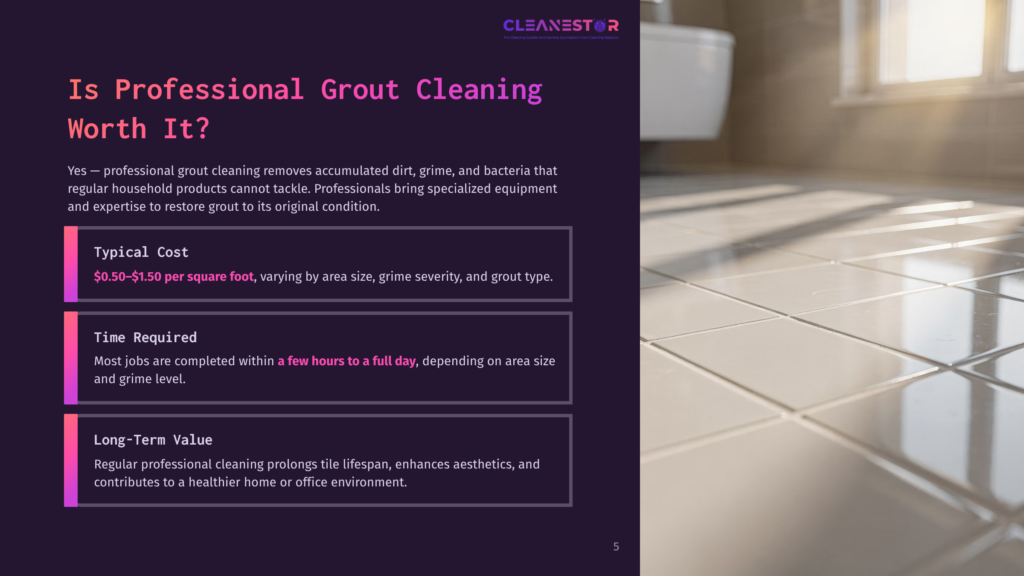 A Clean, Bright Bathroom With Tiled Floors And Walls, Featuring A White Toilet And A Sunlit Window. Text Overlay Reads &Quot;Cleanestor - Professional Grout Cleaning&Quot;.