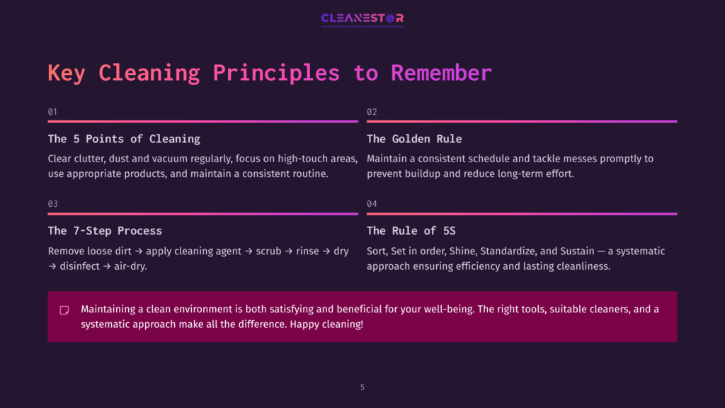 Key Cleaning Principles To Remember: The 5 Points Of Cleaning, The Golden Rule, The 7-Step Process, And The Rule Of 5S. A Purple Slide With White Text And Colorful Horizontal Lines.