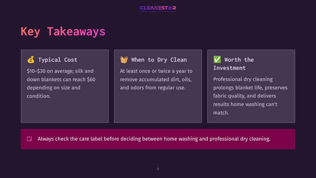 Key Takeaways Slide From Cleanestor: Typical Cost ($10-$30 For Silk/Down Blankets), When To Dry Clean (Once Or Twice A Year), And Worth The Investment (Prolongs Blanket Life, Preserves Fabric Quality). Always Check The Care Label.