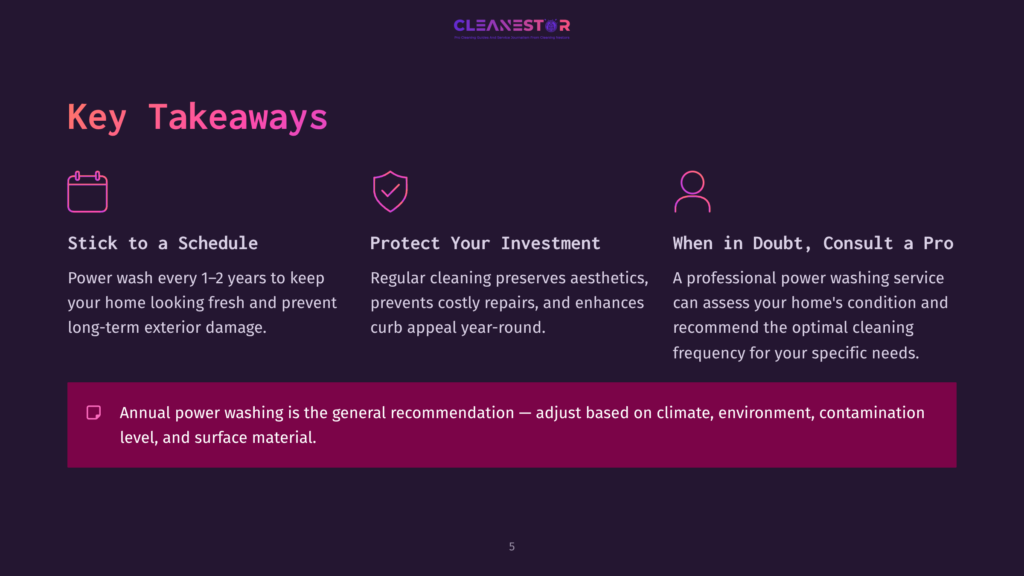 5 Key Takeaways Key Takeaways Slide From Cleanestor: Stick To A Schedule, Protect Your Investment, And When In Doubt, Consult A Pro. Includes Icons And Text About Power Washing Frequency And Benefits.