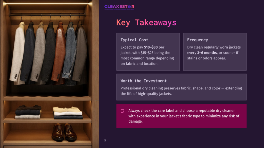 A Neatly Organized Closet With Seven Men'S Jackets Hanging On A Wooden Rod, And Folded Sweaters And Shoes On Shelves Below. Text Overlay Reads &Quot;Cleanestor&Quot; And &Quot;Key Takeaways&Quot; About Professional Dry Cleaning For Jackets.