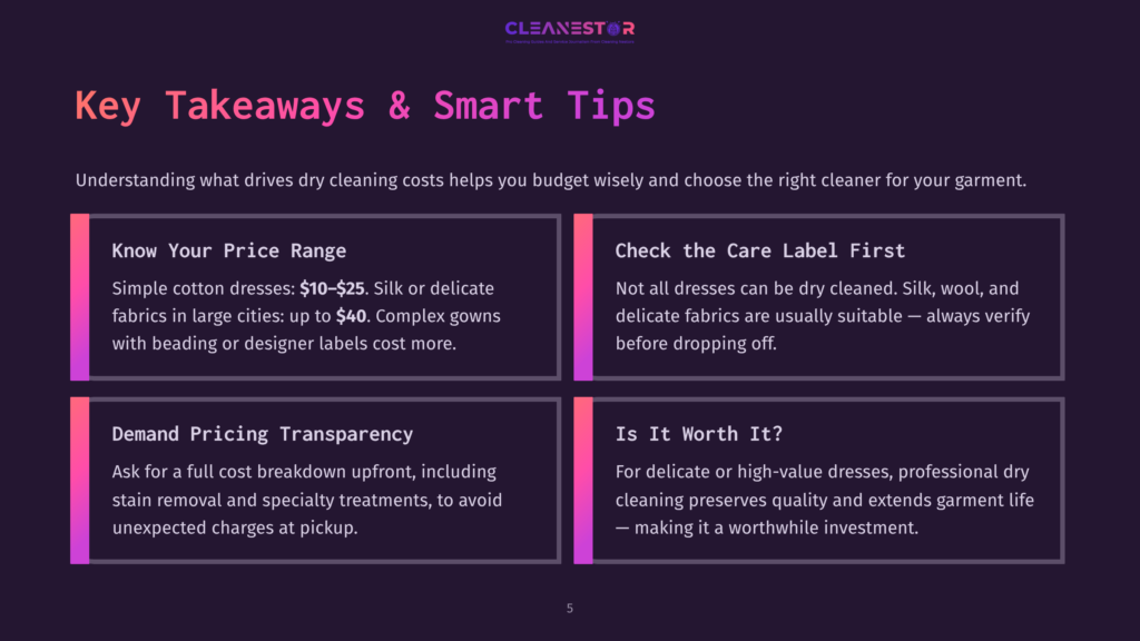 Key Takeaways And Smart Tips For Dry Cleaning Costs, Including Price Ranges, Care Labels, Pricing Transparency, And The Value Of Professional Dry Cleaning For Garments.