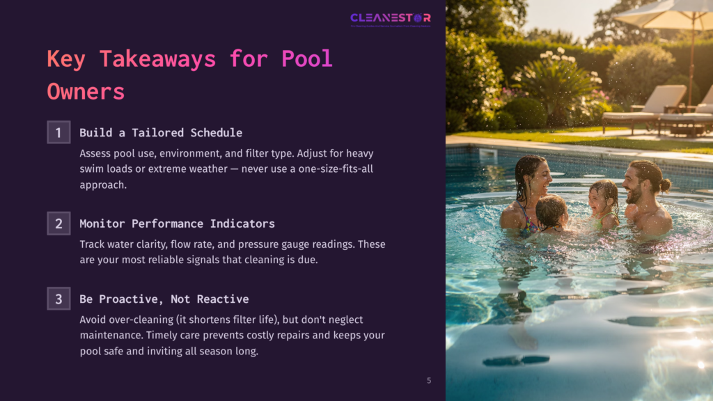 5 Key Takeaways For Pool Owners A Happy Family With Two Parents And Two Young Children Enjoy A Sunny Day Swimming In A Sparkling Blue Pool, With Lounge Chairs Visible In The Background.