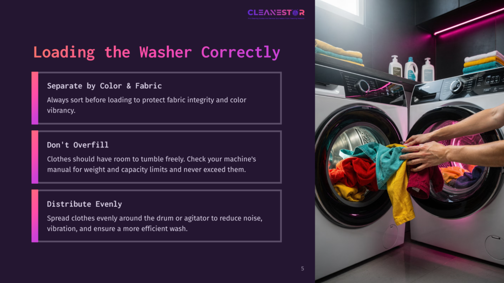 A Person Loading Colorful Clothes Into A Washing Machine, With A Focus On Proper Garment Placement And Care Instructions Visible Nearby.