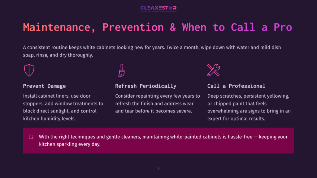A Graphic With The Text &Quot;Cleanestor&Quot; At The Top, And The Title &Quot;Maintenance, Prevention &Amp; When To Call A Pro&Quot; Below. Three Icons Represent Preventing Damage, Refreshing Periodically, And Calling A Professional, With Descriptive Text For Each. A Final Statement Reads &Quot;With The Right Techniques And Gentle Cleaners, Maintaining White-Painted Cabinets Is Hassle-Free – Keeping Your Kitchen Sparkling Every Day.