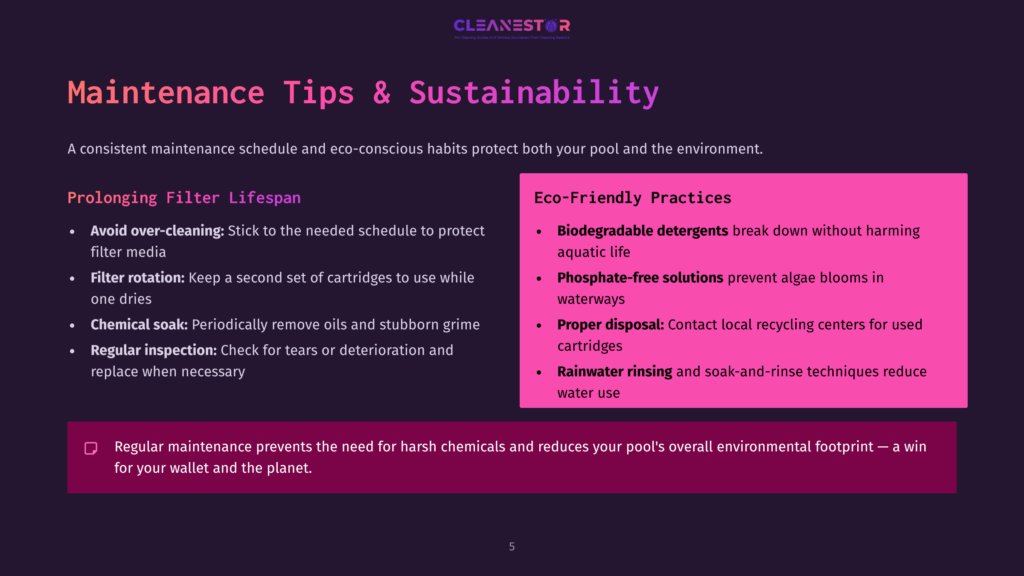Infographic Titled &Quot;Maintenance Tips &Amp; Sustainability&Quot; Detailing Pool Filter Maintenance, Eco-Friendly Practices Like Biodegradable Detergents And Phosphate-Free Solutions, And Regular Inspections For Pool Care.