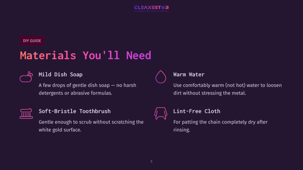 Bright Purple Background With White Text Listing Cleaning Materials: Mild Dish Soap, Warm Water, Soft-Bristle Toothbrush, And Lint-Free Cloth.