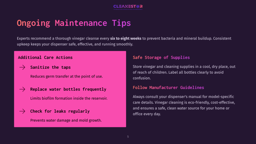 A Dark Purple Slide With The Title &Quot;Ongoing Maintenance Tips&Quot; And A Logo For &Quot;Cleanestor&Quot; At The Top. The Slide Lists Tips For Dispenser Maintenance, Including Sanitizing Taps, Replacing Water Bottles, And Checking For Leaks, With A Section On Safe Storage Of Supplies And Following Manufacturer Guidelines.