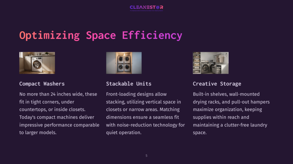 Three Images Showcasing Space-Saving Laundry Solutions: A Compact Front-Load Washer And Dryer, Stackable Units, And A Creative Storage Setup With A Washer And Dryer.