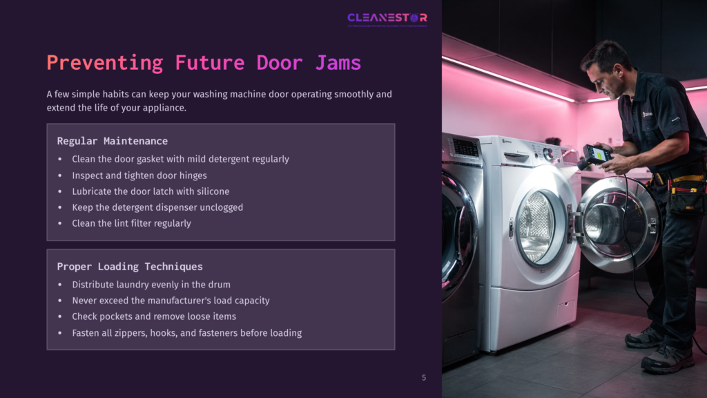 A Person Using A Washing Machine In A Modern Laundry Room, With Pink Lighting And Detailed Maintenance Tips Displayed On The Side.