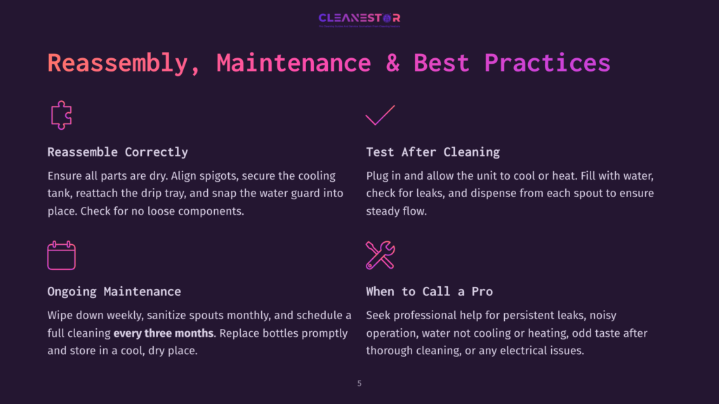 Infographic Detailing &Quot;Reassembly, Maintenance &Amp; Best Practices&Quot; For A Cleaning Device, With Icons For Reassembly, Testing, Ongoing Maintenance, And Calling A Pro. Text Includes &Quot;Reassemble Correctly,&Quot; &Quot;Test After Cleaning,&Quot; &Quot;Ongoing Maintenance,&Quot; And &Quot;When To Call A Pro.