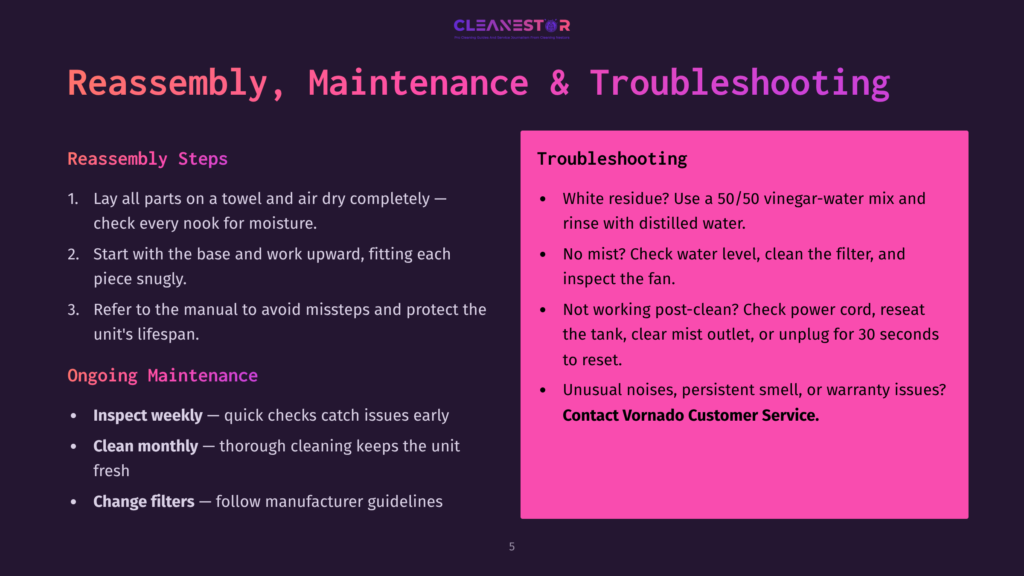 5 Reassembly Maintenance And Troubleshooting A Dark Purple Slide Titled &Quot;Reassembly, Maintenance &Amp; Troubleshooting&Quot; With Sections On &Quot;Reassembly Steps&Quot; And &Quot;Troubleshooting&Quot; With Bulleted Lists Of Instructions.