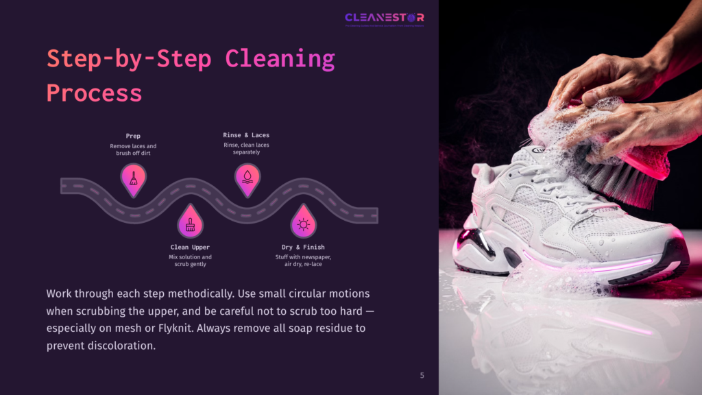 White Nike Running Shoes With Pink Accents Are Displayed Near A Cleaning Guide, Featuring A Wavy Cleaning Process Graphic And Instructions.
