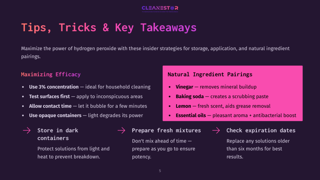 Infographic With The Title &Quot;Tips, Tricks &Amp; Key Takeaways&Quot; On A Dark Purple Background, Detailing Hydrogen Peroxide Usage, Natural Ingredient Pairings Like Vinegar And Baking Soda, And Storage Advice.