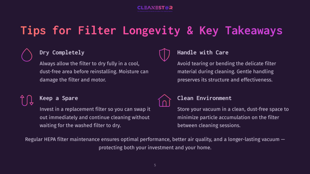 Tips For Filter Longevity &Amp; Key Takeaways: Dry Completely, Handle With Care, Keep A Spare, Clean Environment. Hepa Filter Maintenance Ensures Optimal Performance.