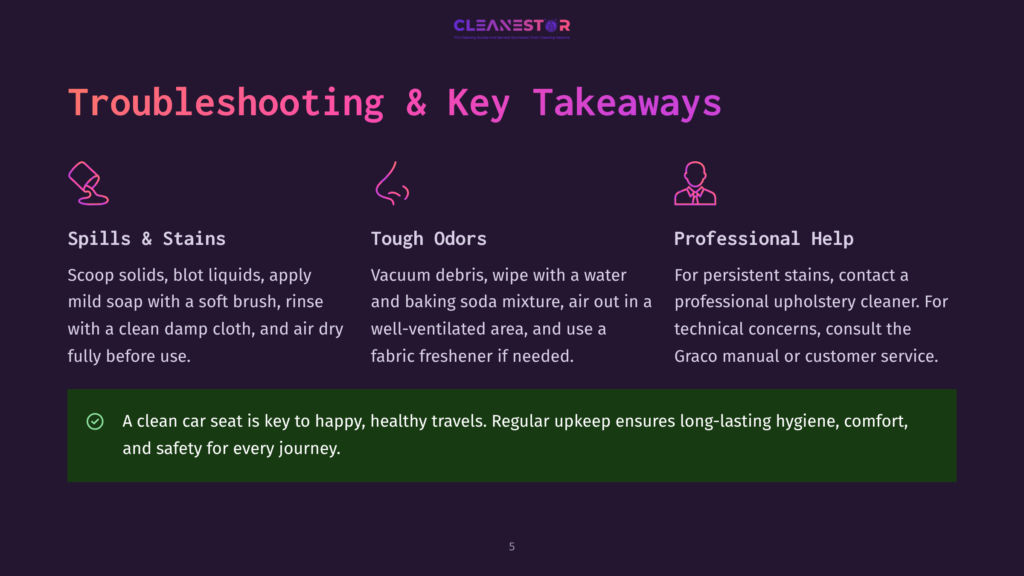 5 Troubleshooting And Key Takeaways Troubleshooting &Amp; Key Takeaways For Car Seat Cleaning: Spills &Amp; Stains, Tough Odors, Professional Help. Includes Tips For Cleaning And Maintaining Car Seats.