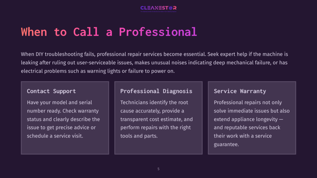 Dark Background With The Text &Quot;When To Call A Professional&Quot; And Three Boxes: &Quot;Contact Support,&Quot; &Quot;Professional Diagnosis,&Quot; And &Quot;Service Warranty,&Quot; Detailing Appliance Repair Services.