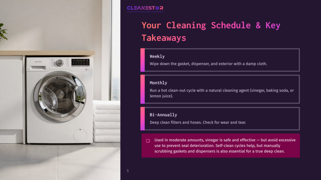 Cleanestor Logo At The Top Of A Graphic Detailing Washing Machine Cleaning Schedule: Weekly Wipe Down, Monthly Hot Cycle With Vinegar, Bi-Annually Deep Clean Filters And Hoses.