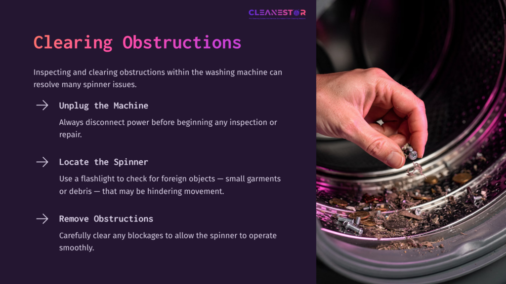 A Hand Inspecting A Washing Machine Spinner For Obstructions, With A Focus On Debris And A Clean Interior. Text Highlights Steps To Resolve Issues.