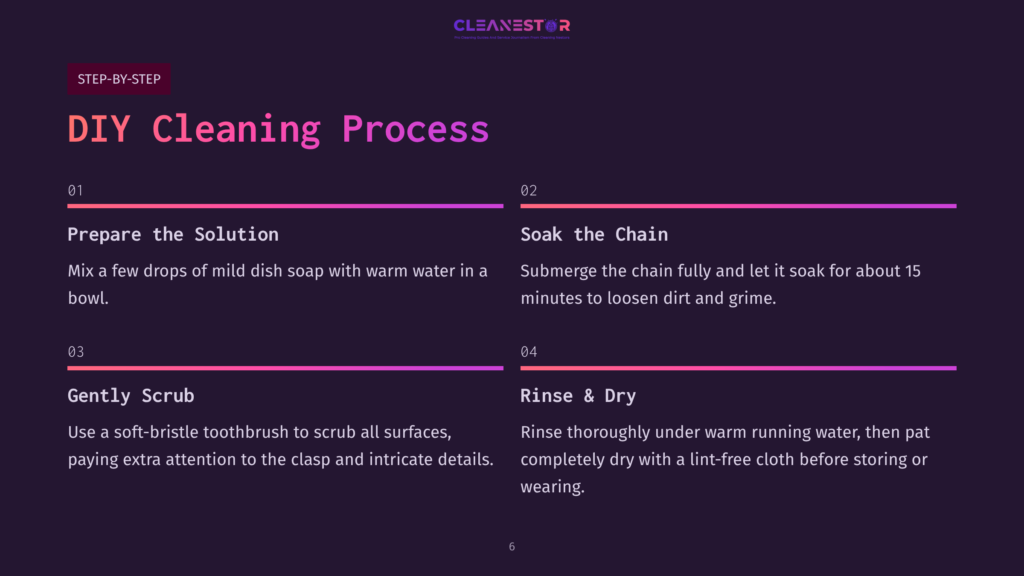 Four-Step Cleaning Guide For A White Gold Chain, Featuring Bold Text In Pink And White Against A Dark Purple Background.