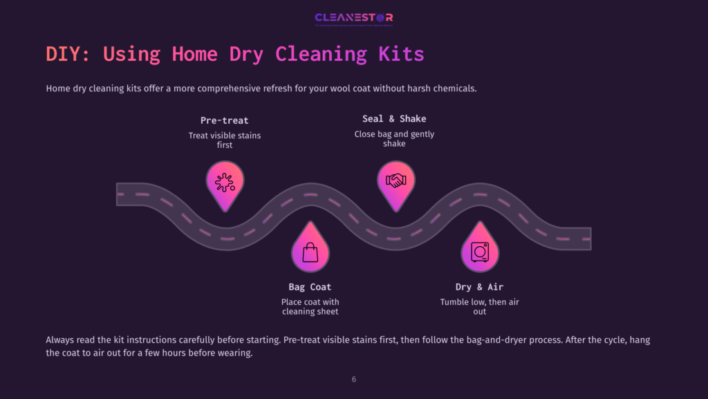 A Purple Background Features A Winding Road With Pink Icons Depicting Steps For Dry Cleaning A Wool Coat: Pre-Treat, Bag Coat, Seal &Amp; Shake, Dry &Amp; Air.