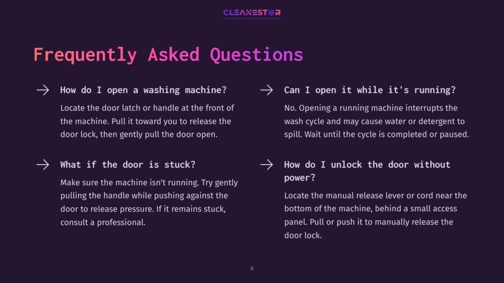 A Faq Section With Purple Background Featuring Questions About Washing Machine Operation And Troubleshooting, With Arrows Guiding The Text.