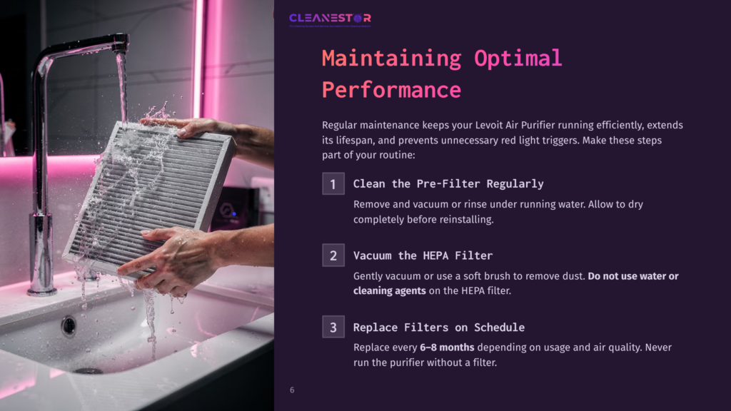 A Clean Air Purifier Filter Is Held Near Running Water In A Sink, With Water Splashing. The Background Is A Dark Purple With Text Instructions.