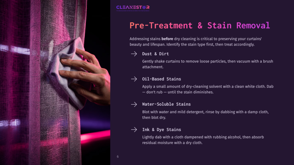 A Person Using A Cloth To Clean Curtains, With A Focus On Fabric Care Tips Displayed In Bold Text On A Dark Background.